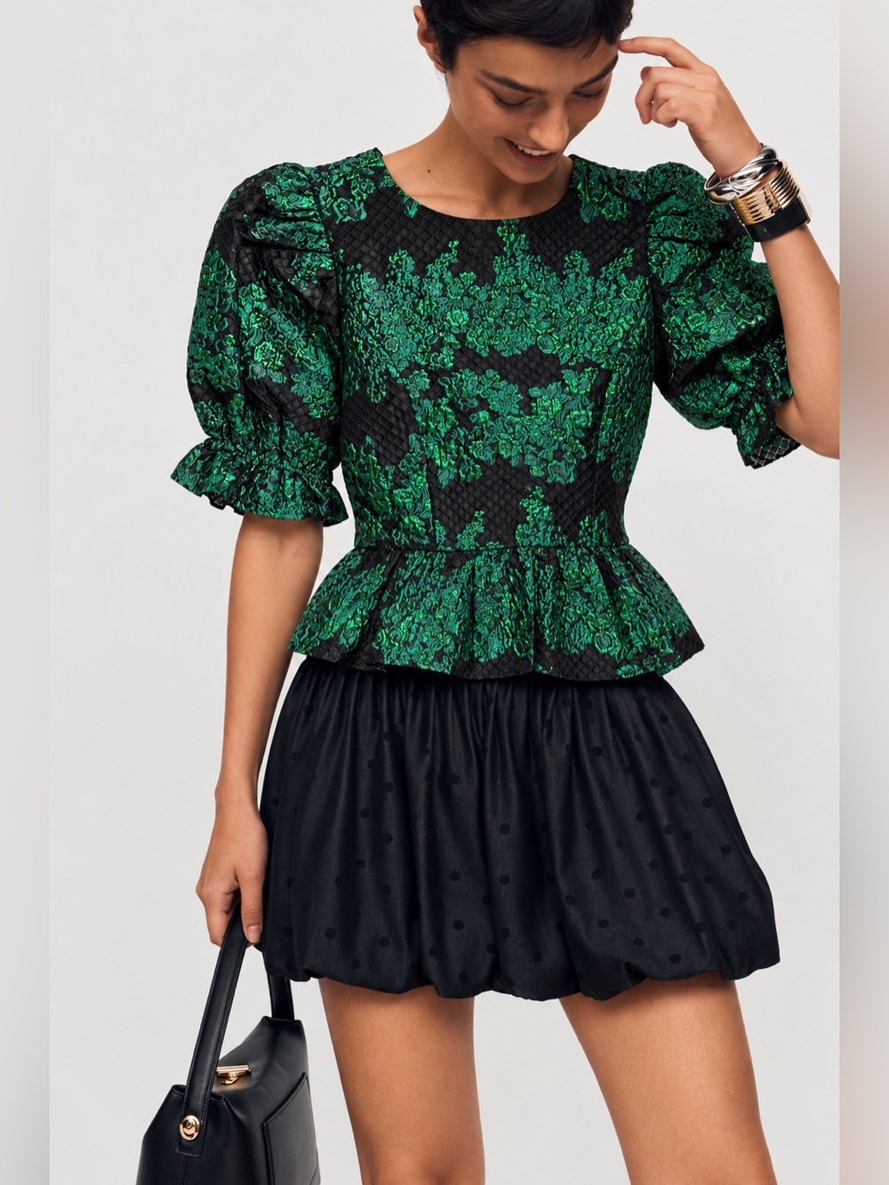 NWT Sugarlips Elyna Jacquard Green Black Puff Sleeve Peplum Blouse Sz XL